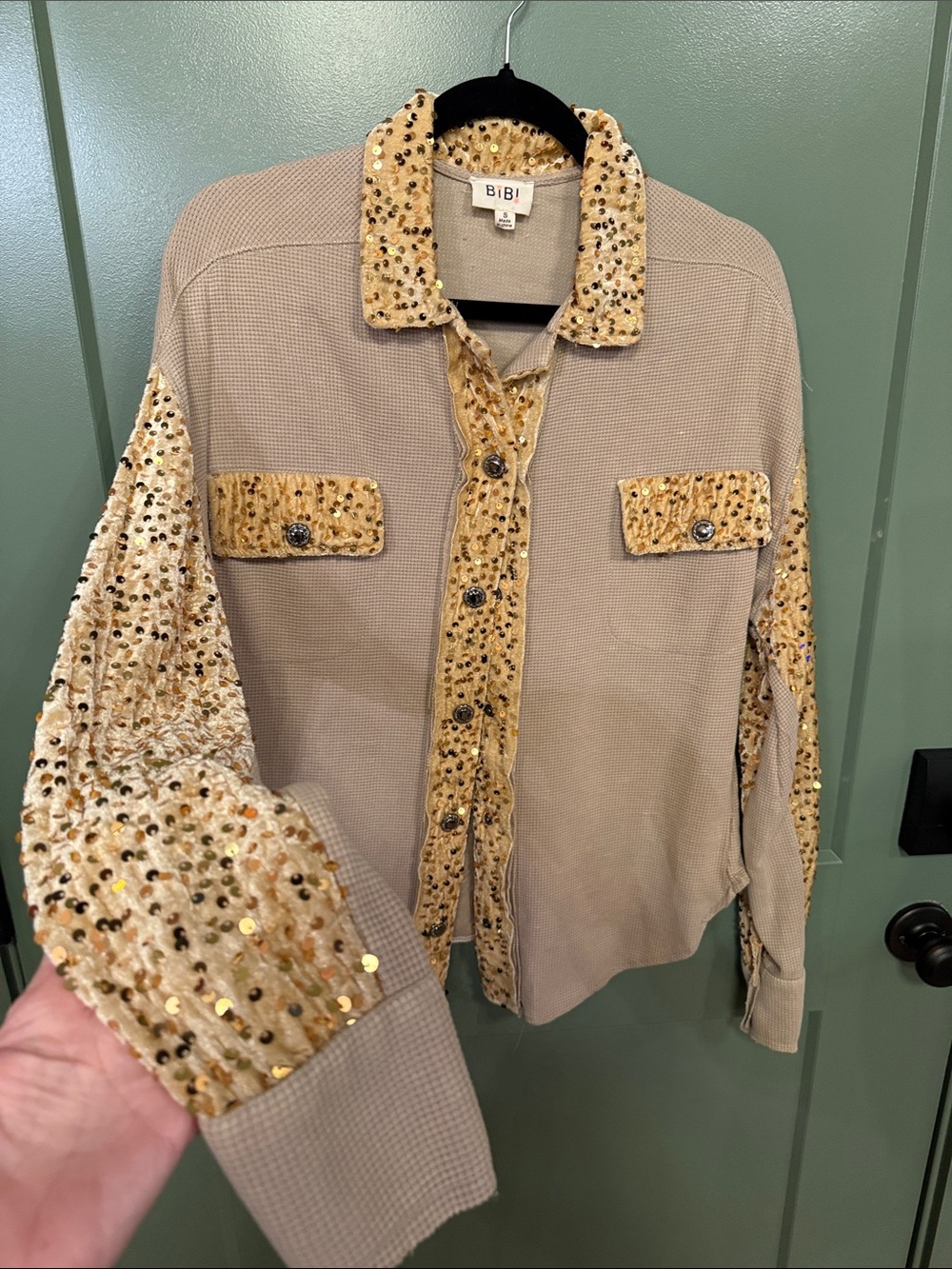 NEW BiBi Beige and gold snap Up Shirt with Gold Sequin Trim. Soft fabric